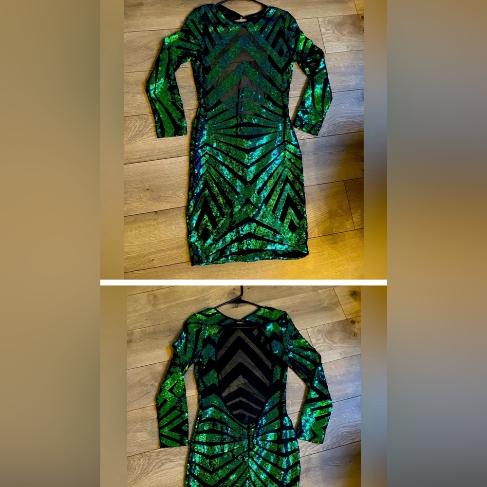 Sequin geometric, low-back body-con stretchy party dress. Sheer. Comfortable.